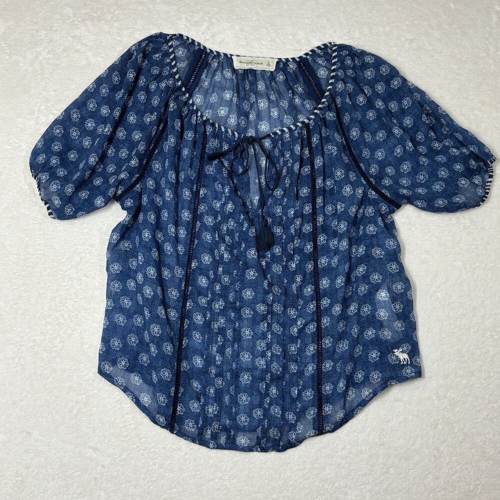 VTG Y2K Abercrombie Fitch Top S Blue White Batik Print Sheer Boho Cottagecore